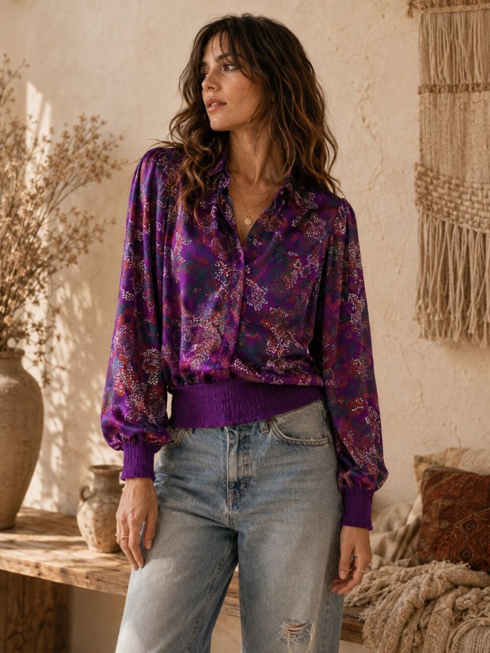 Vintage 80s Castleberry Neiman Marcus Blouse 8 Purple Metallic Floral Smocked